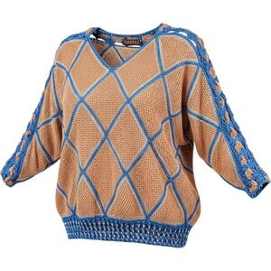 Norma Canada Vintage Leather Crochet Knit Top Tan Blue Diamond Pattern Medium